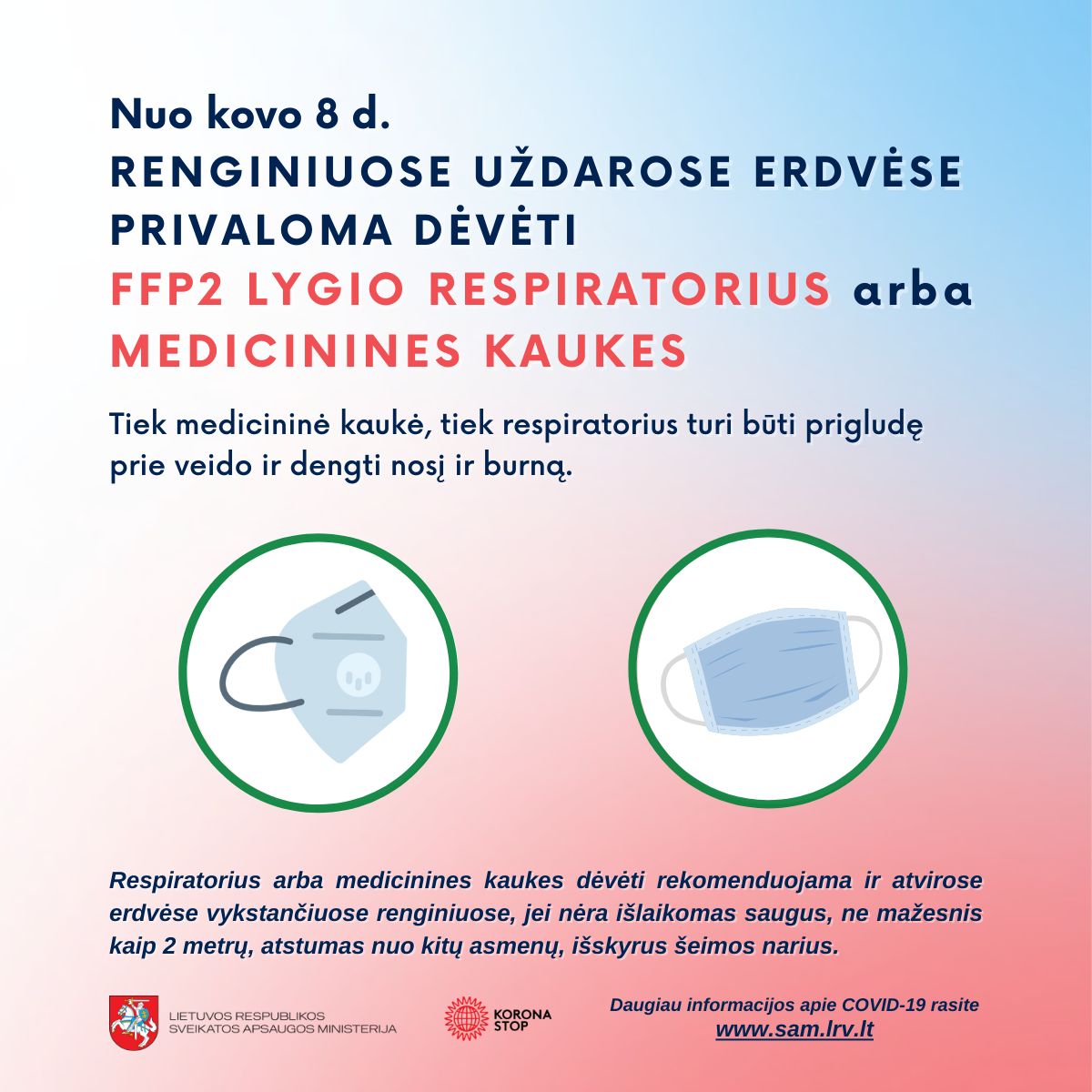 Nuo Kovo 8 D. RENGINIUOSE UŽDAROSE ERDVĖSE PRIVALOMA DĖVĖTI FFP2 LYGIO RESPIRATORIUS Arba MEDICININES KAUKES 002